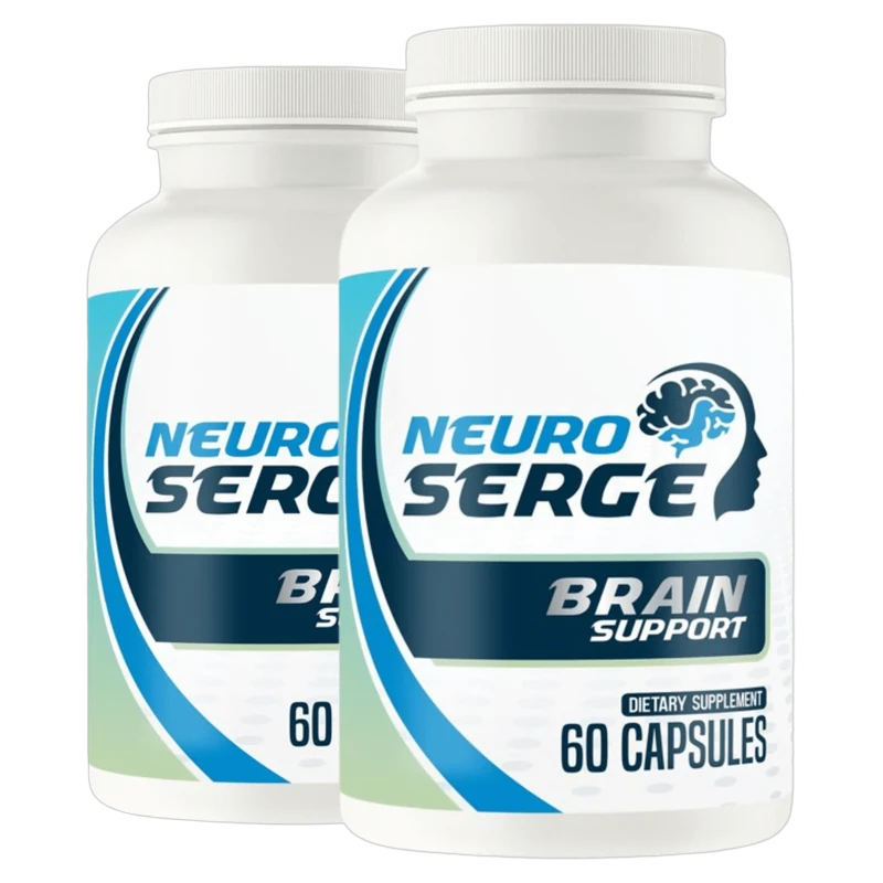 Two Neuro Serge Brain Support bottles of 60 capsules, the dietary supplement sold on the order page